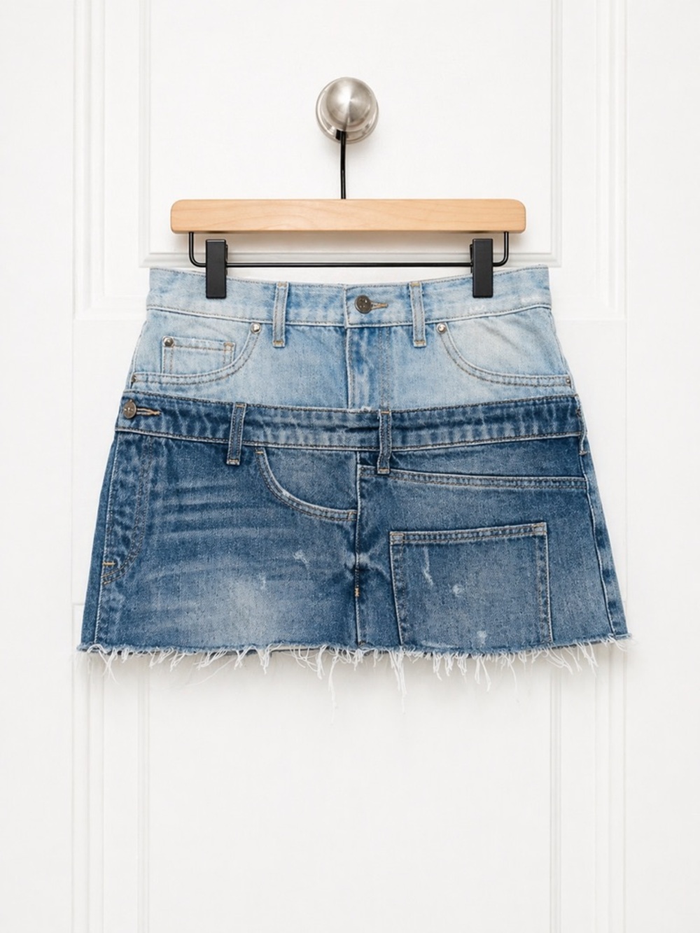 Liu Jo Style Patchwork Denim Mini Skirt Two Tone Frayed High Rise Trendy Y2K M/L